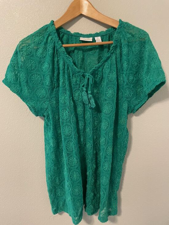 Chico's Tops - Chicos Top Womens Size 3 US XL Green Sheer Lace Embroidered Tassel Tunic Fairy